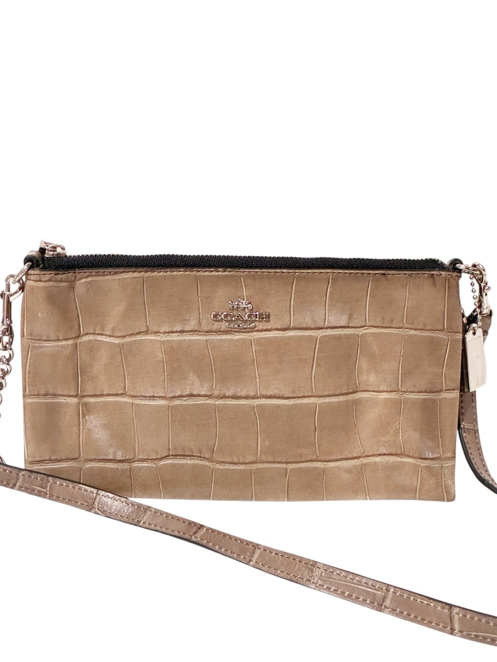 COACH Zip Top KYLIE Crossbody Gray Textural Leather Reptile Print Slim Swing Bag